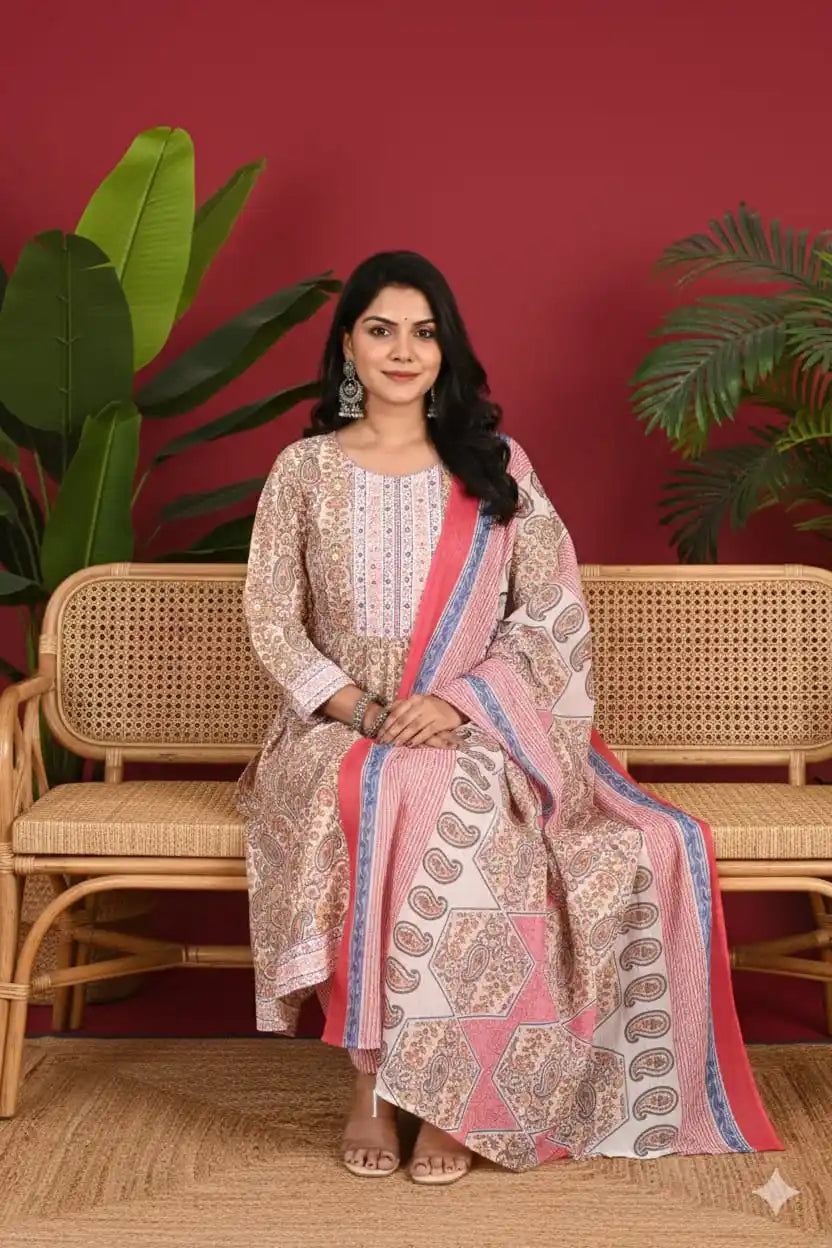 Frock With Neck Yoke Dabu Patch, Floral Print With Cotton Pant & Mal Dupatta