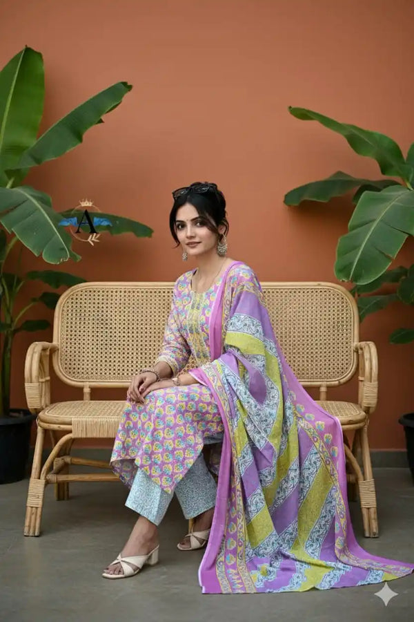 Readymade Block Print Cotton Suit With Cotton Dupatta