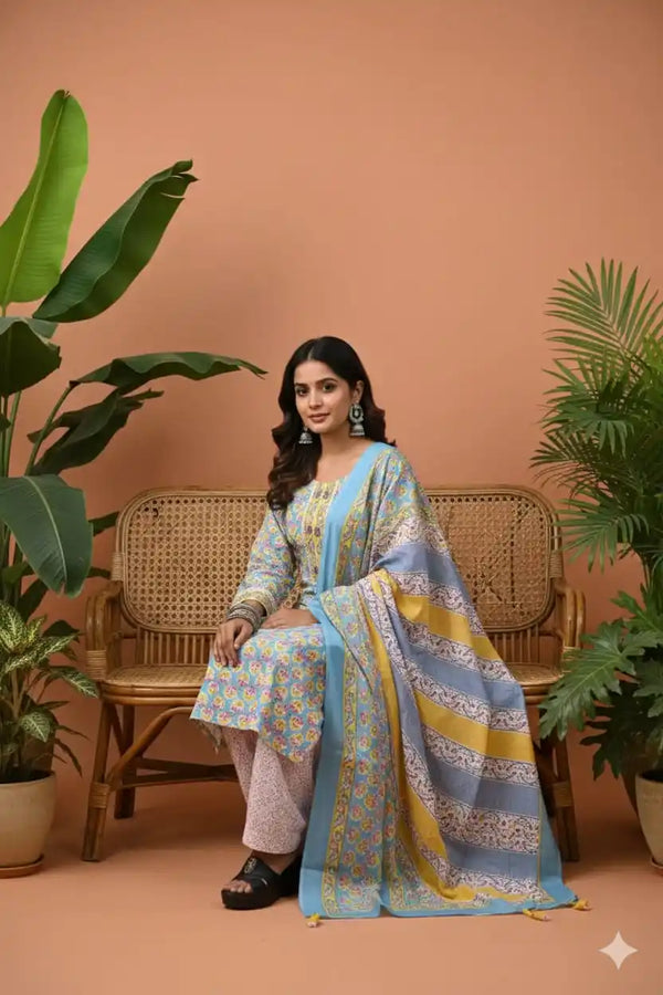 Readymade Block Print Cotton Suit With Cotton Dupatta