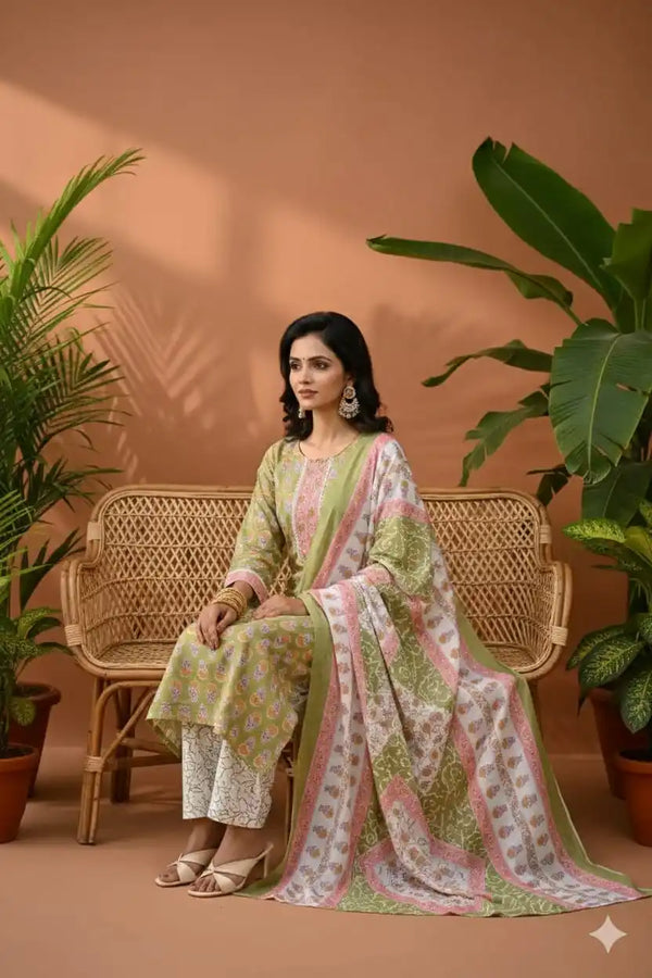 Readymade Block Print Cotton Suit With Cotton Dupatta