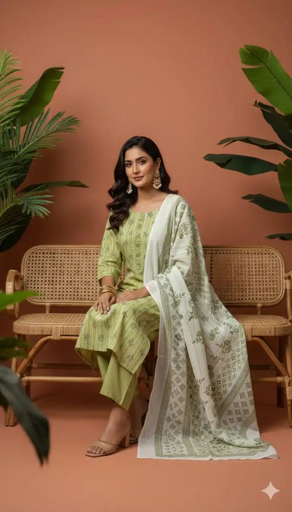Readymade Block Print Cotton Suit With Cotton Dupatta