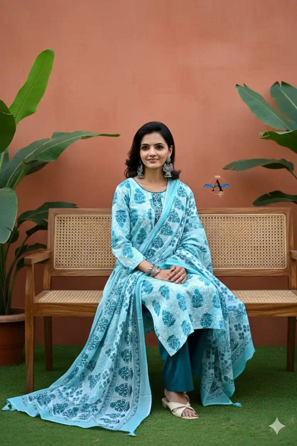 Readymade Block Print Cotton Suit With Cotton Dupatta
