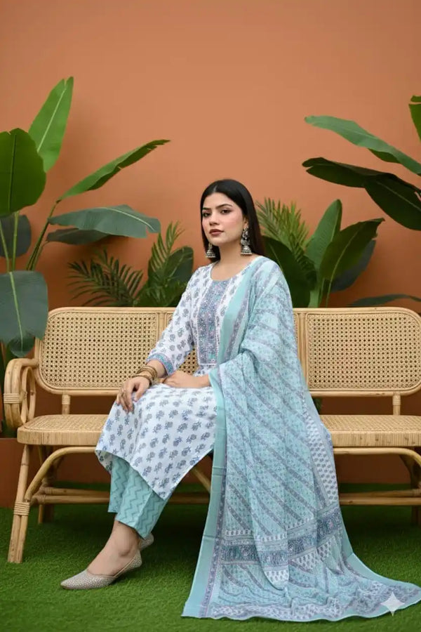 Readymade Block Print Cotton Suit With Cotton Dupatta