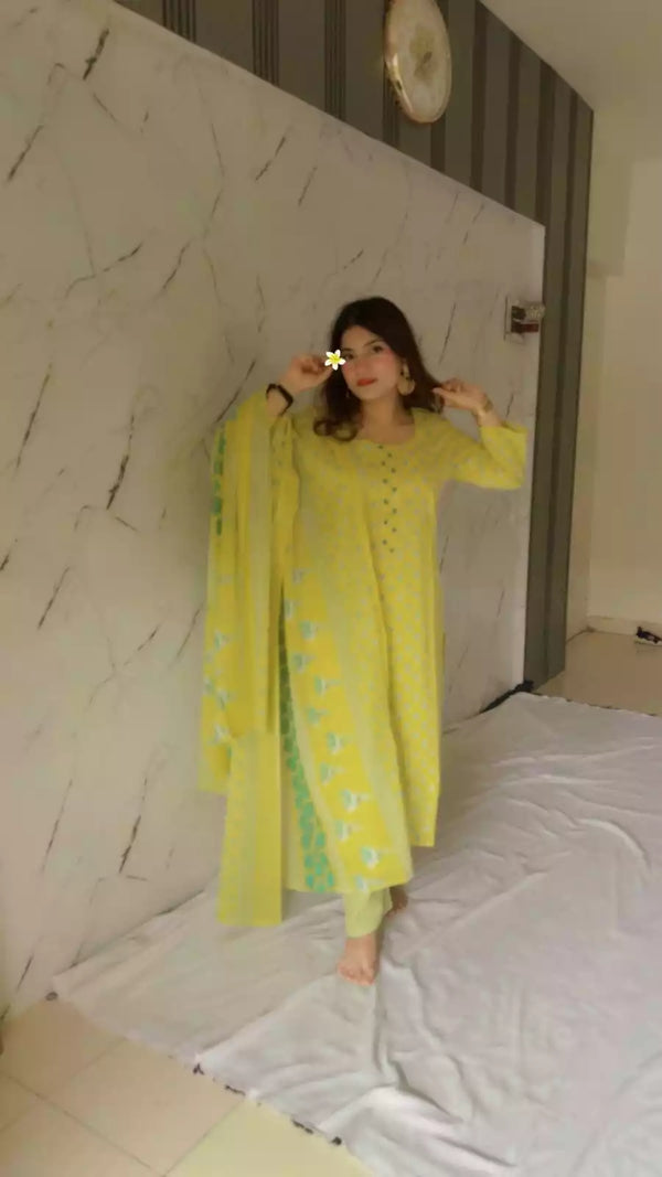 Readymade Block Print Cotton Suit With Cotton Dupatta