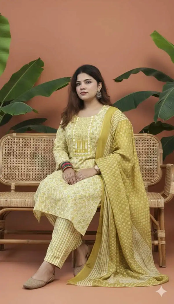 Readymade Block Print Cotton Suit With Cotton Dupatta