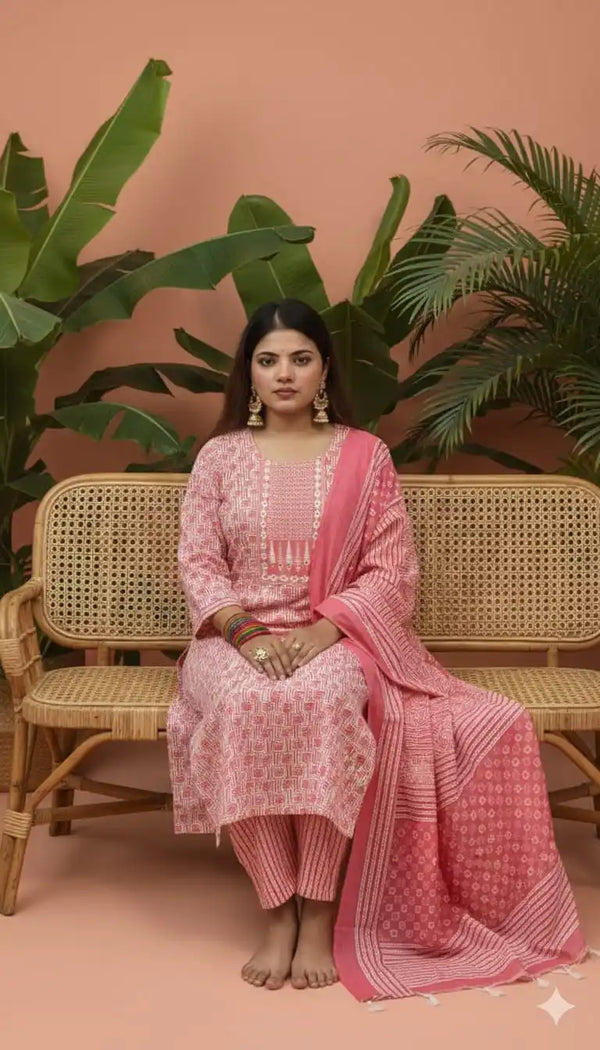 Readymade Block Print Cotton Suit With Cotton Dupatta