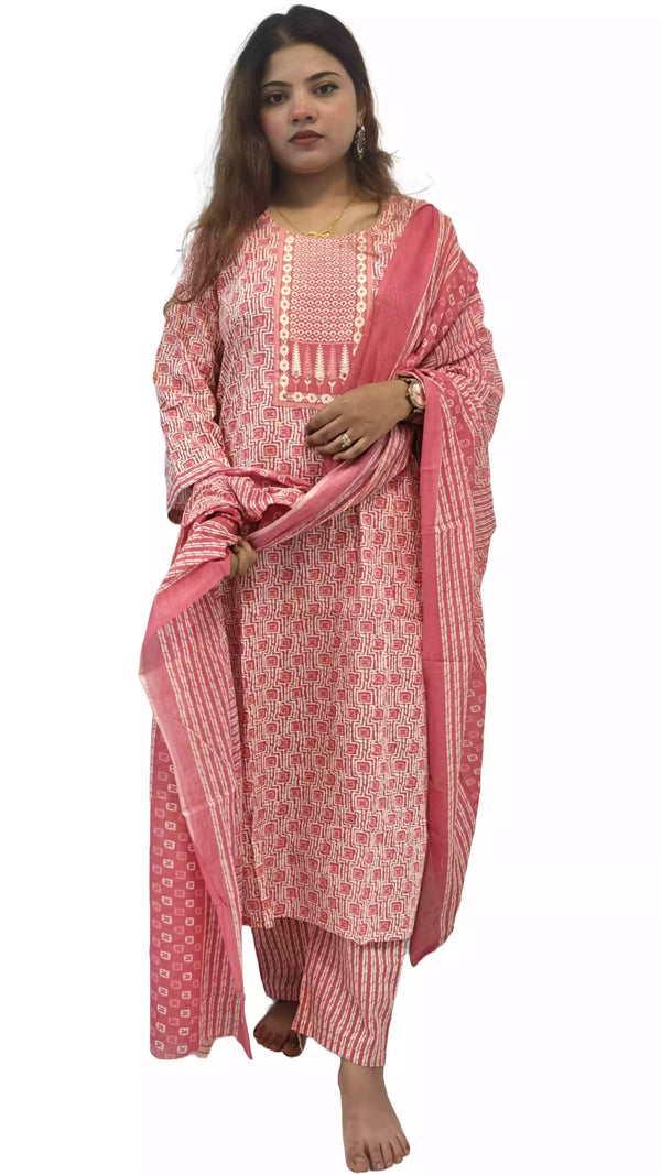 Readymade Block Print Cotton Suit With Cotton Dupatta