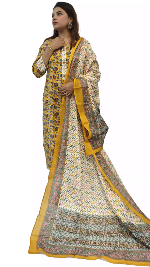 Readymade Block Print Cotton Suit With Cotton Dupatta