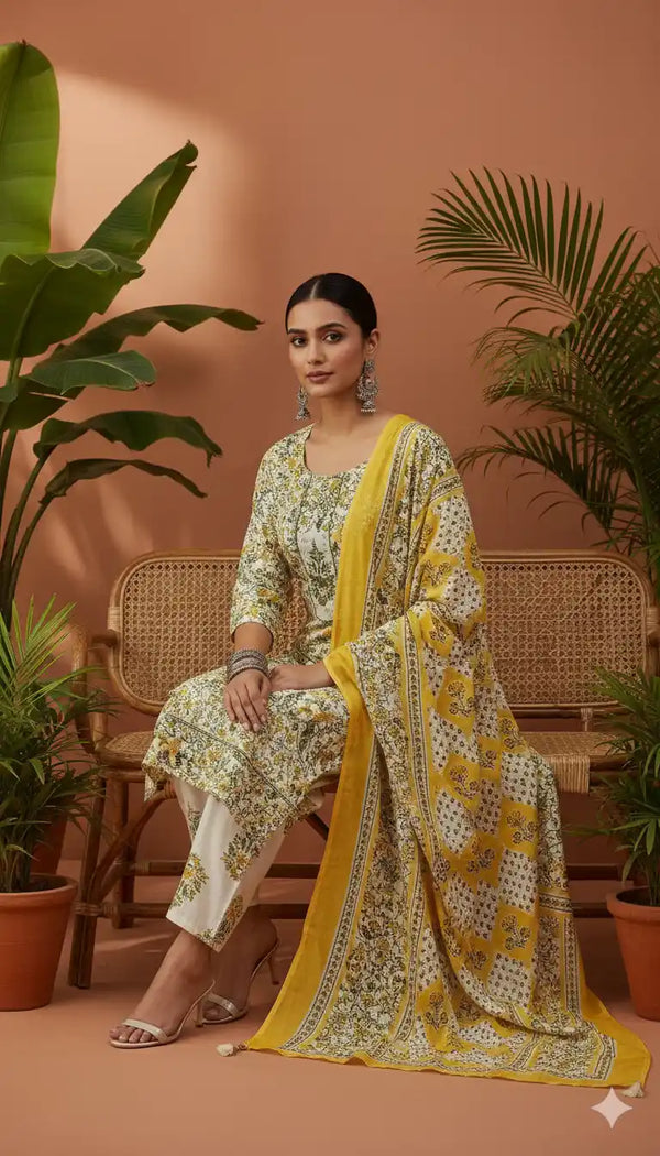 Readymade Block Print Cotton Suit With Cotton Dupatta