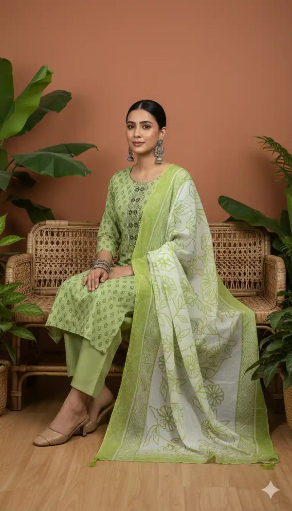 Readymade Block Print Cotton Suit With Cotton Dupatta