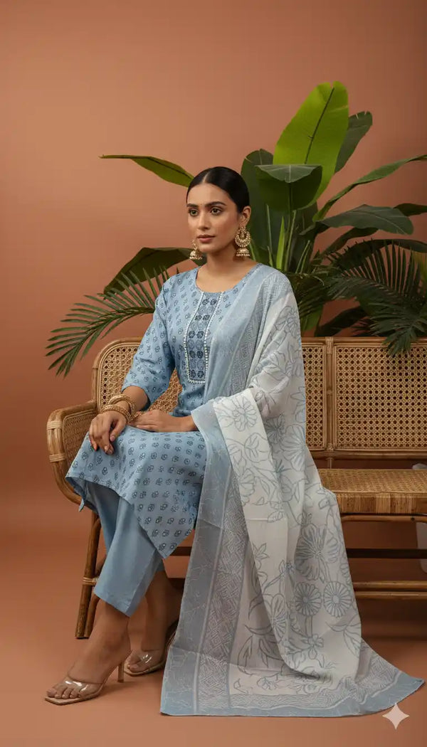 Readymade Block Print Cotton Suit With Cotton Dupatta
