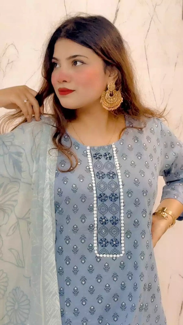 Readymade Block Print Cotton Suit With Cotton Dupatta