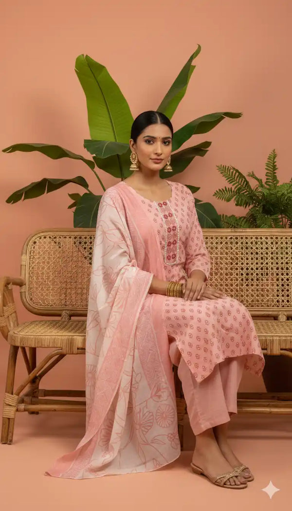 Readymade Block Print Cotton Suit With Cotton Dupatta
