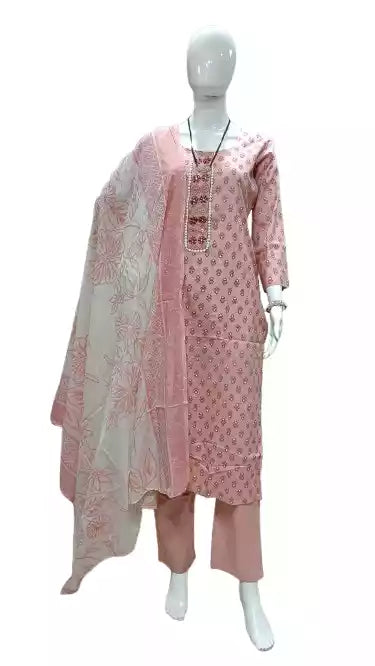 Readymade Block Print Cotton Suit With Cotton Dupatta