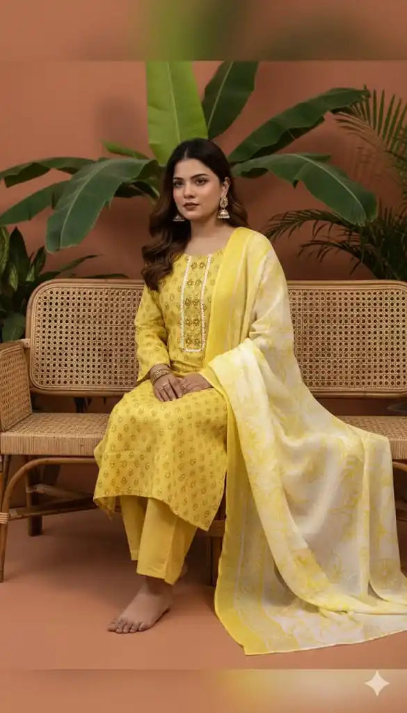 Readymade Block Print Cotton Suit With Cotton Dupatta