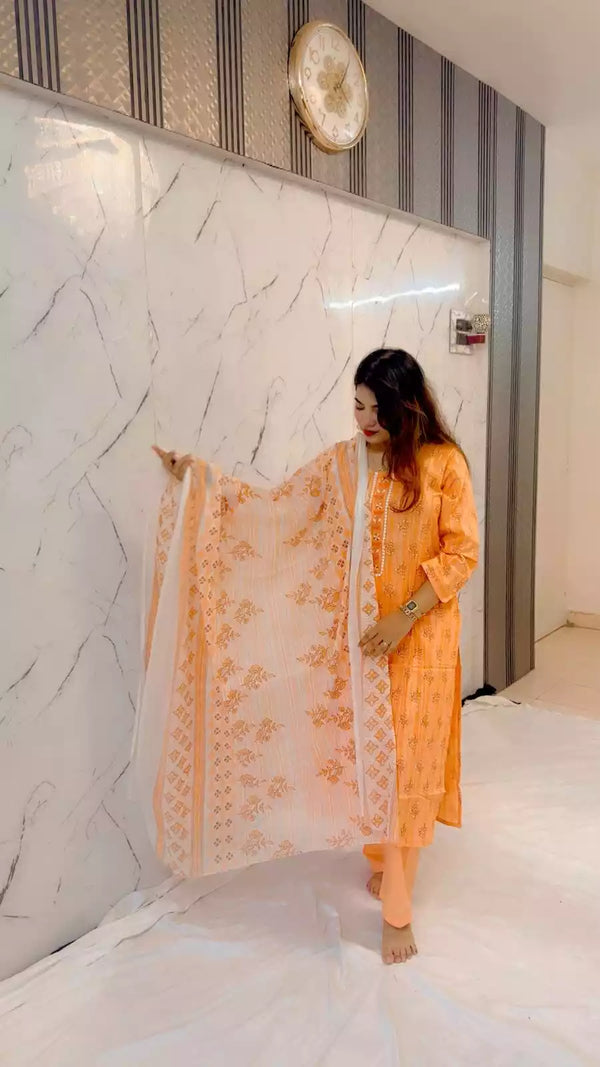 Readymade Block Print Cotton Suit With Cotton Dupatta