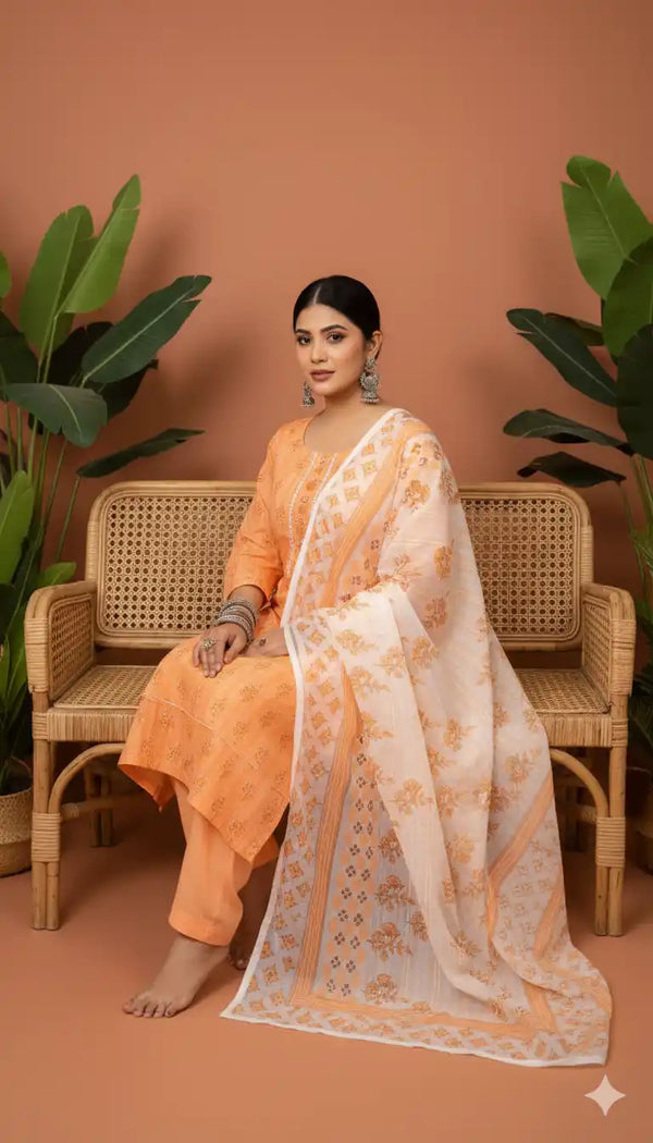 Readymade Block Print Cotton Suit With Cotton Dupatta