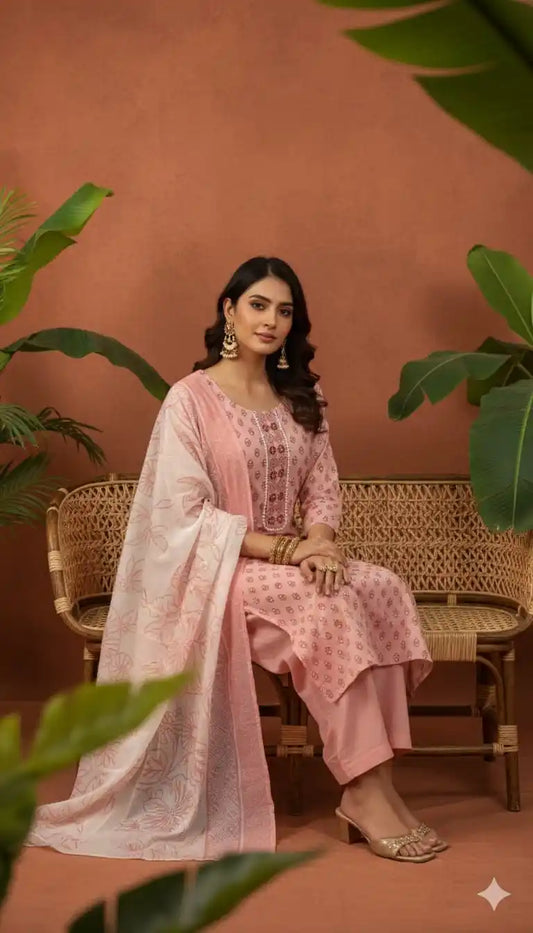 Readymade Block Print Cotton Suit With Cotton Dupatta