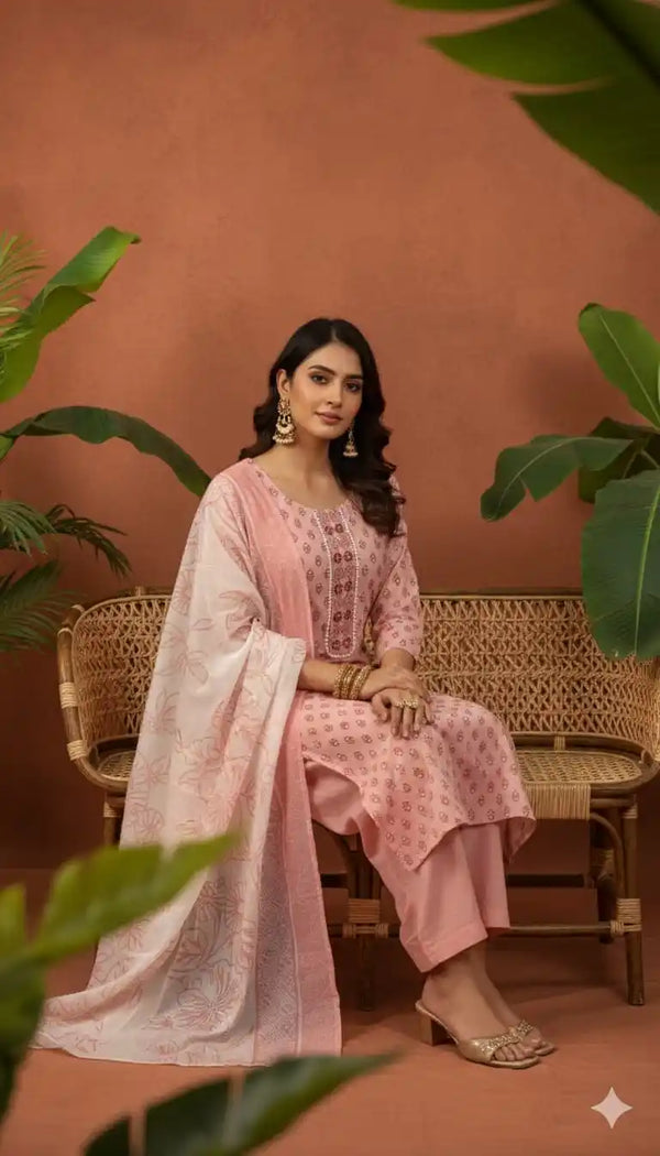 Readymade Block Print Cotton Suit With Cotton Dupatta