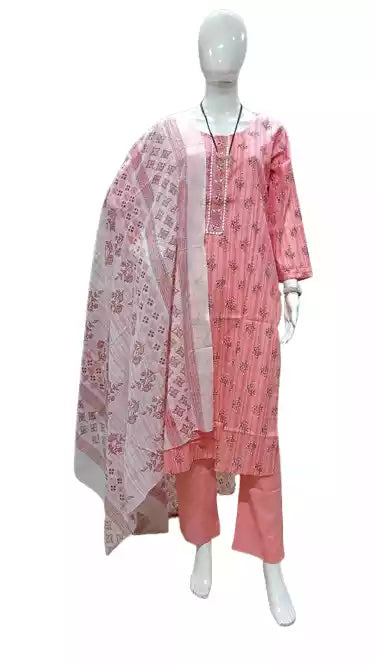 Readymade Block Print Cotton Suit With Cotton Dupatta