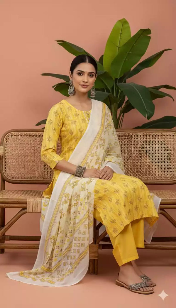 Readymade Block Print Cotton Suit With Cotton Dupatta
