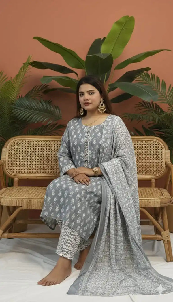 Readymade Block Print Cotton Suit With Cotton Dupatta
