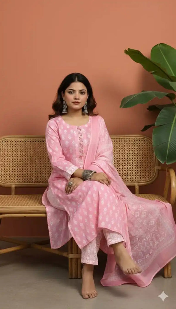Readymade Block Print Cotton Suit With Cotton Dupatta