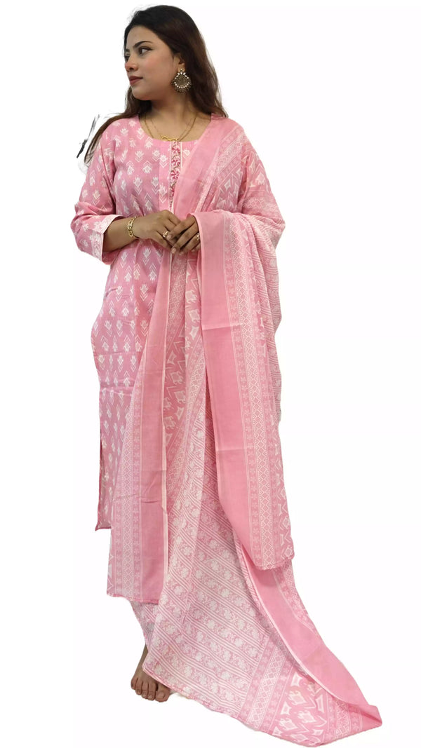 Readymade Block Print Cotton Suit With Cotton Dupatta