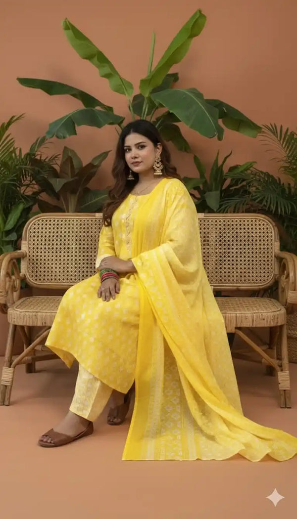 Readymade Block Print Cotton Suit With Cotton Dupatta