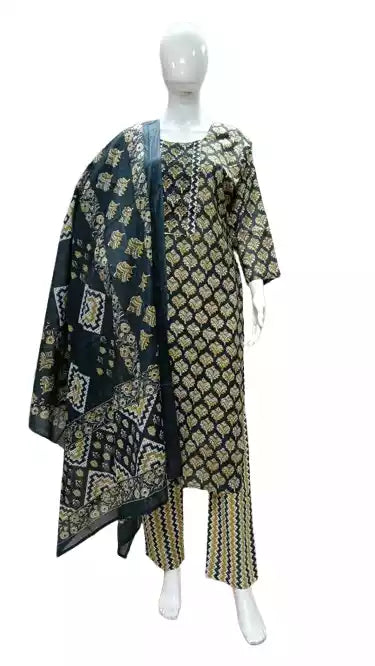 Readymade Block Print Cotton Suit With Cotton Dupatta