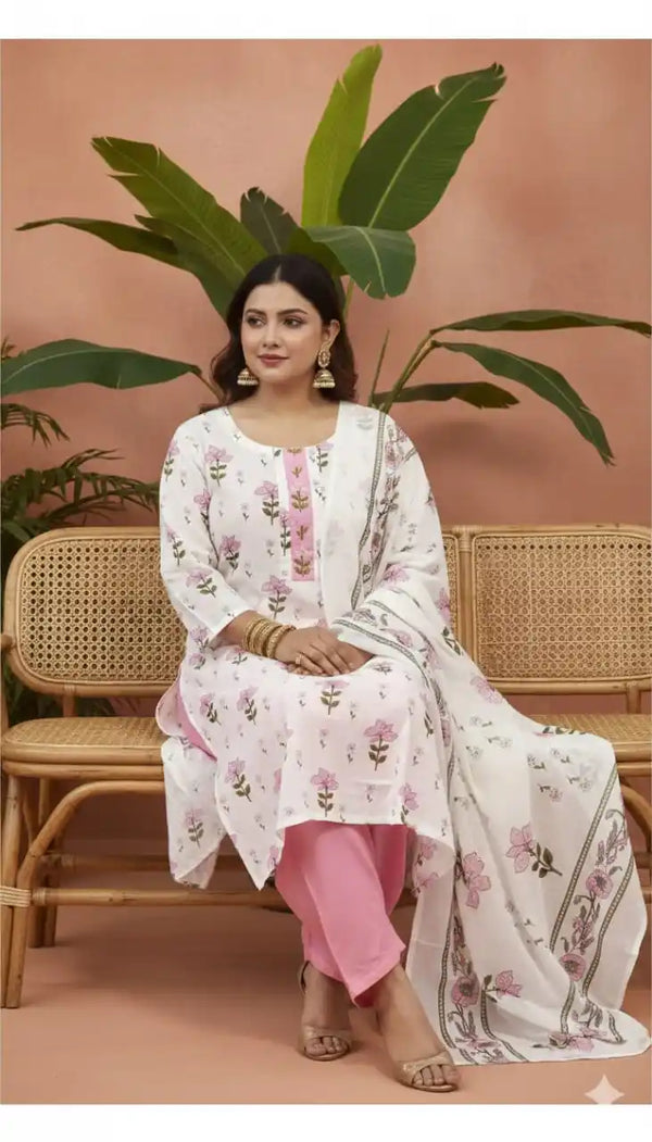 Readymade Block Print Cotton Suit With Cotton Dupatta