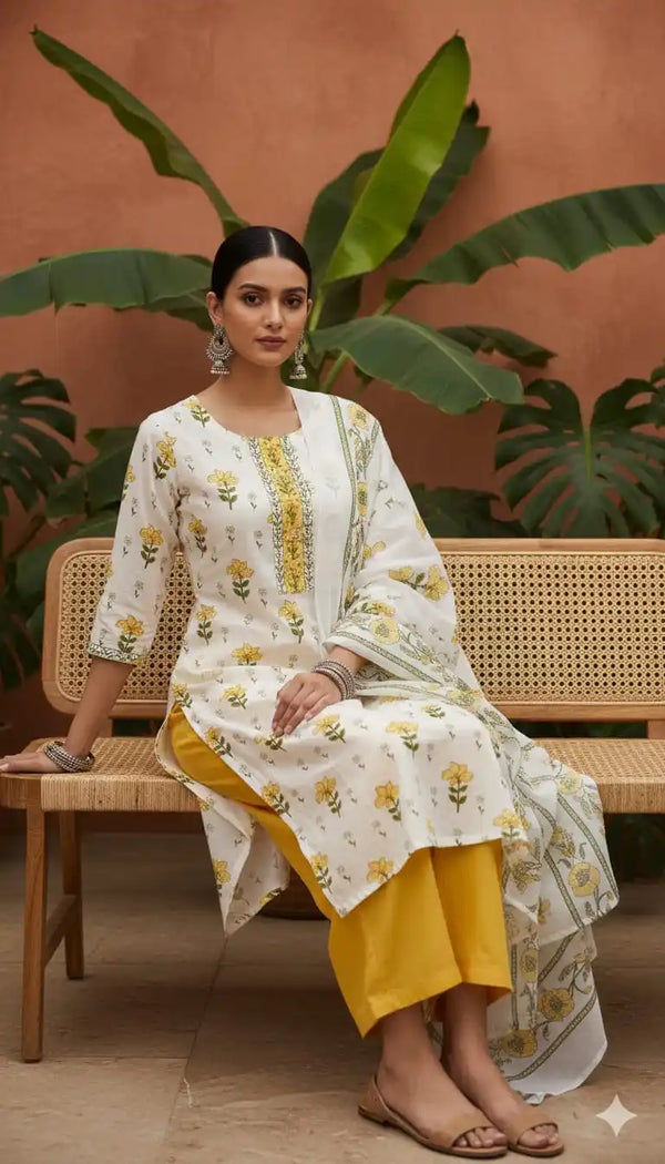 Readymade Block Print Cotton Suit With Cotton Dupatta