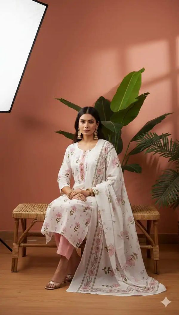 Readymade Block Print Cotton Suit With Cotton Dupatta
