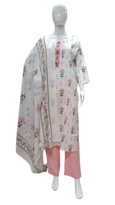 Readymade Block Print Cotton Suit With Cotton Dupatta