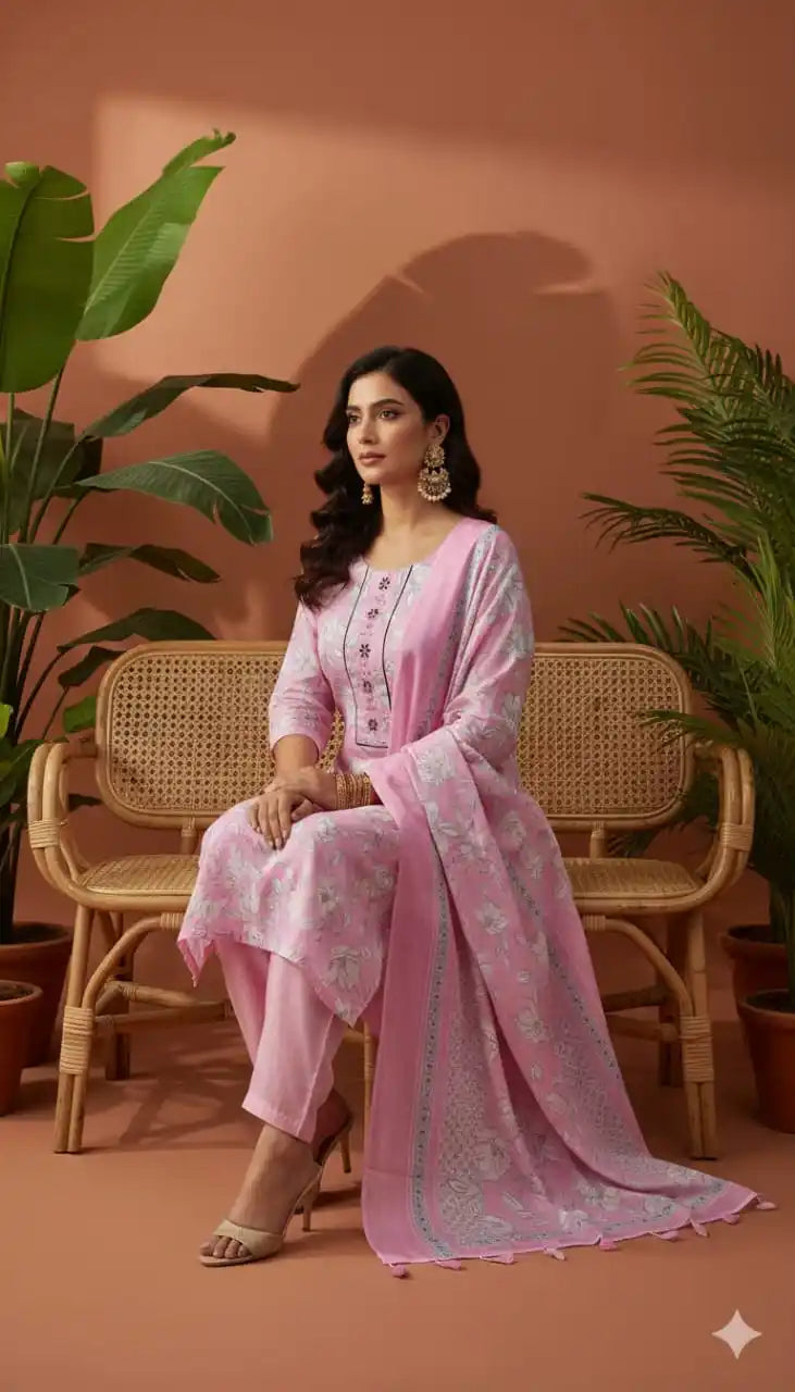 Readymade Block Print Cotton Suit With Cotton Dupatta