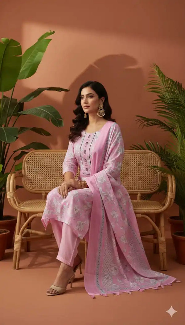 Readymade Block Print Cotton Suit With Cotton Dupatta
