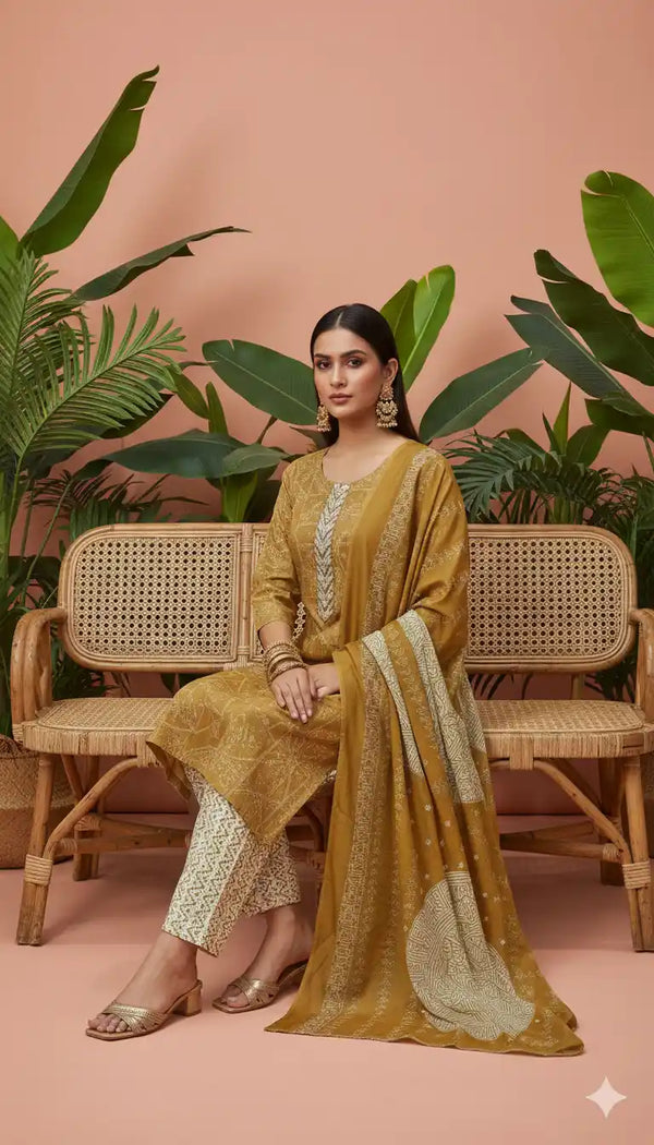 Readymade Block Print Cotton Suit With Cotton Dupatta