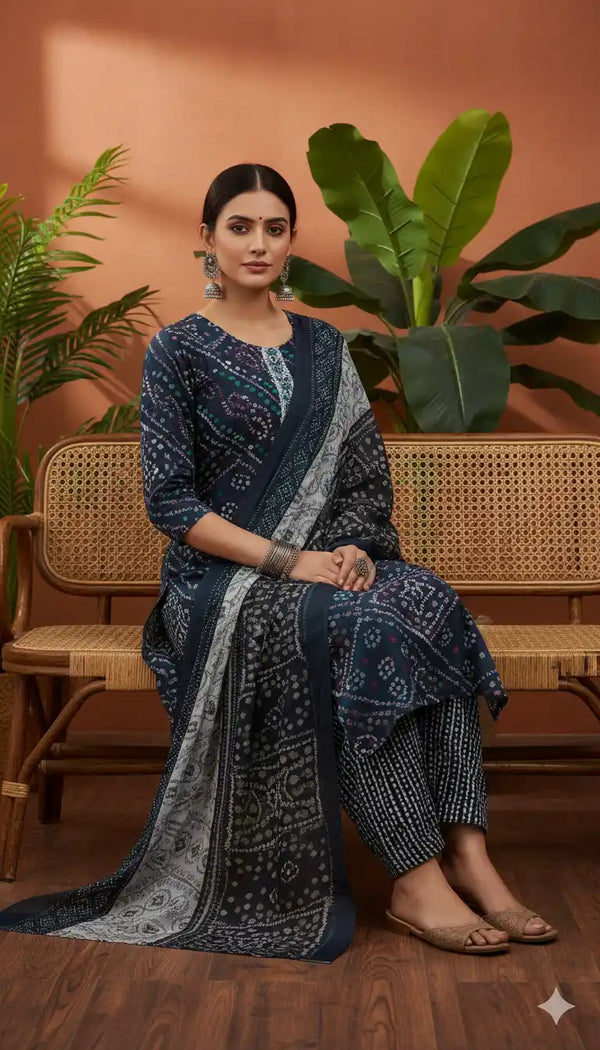 Readymade Block Print Cotton Suit With Cotton Dupatta