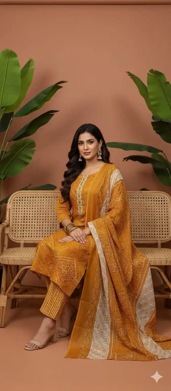 Readymade Block Print Cotton Suit With Cotton Dupatta