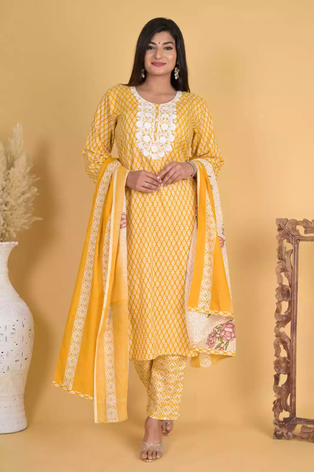 Readymade Block Print Cotton Suit With Cotton Dupatta