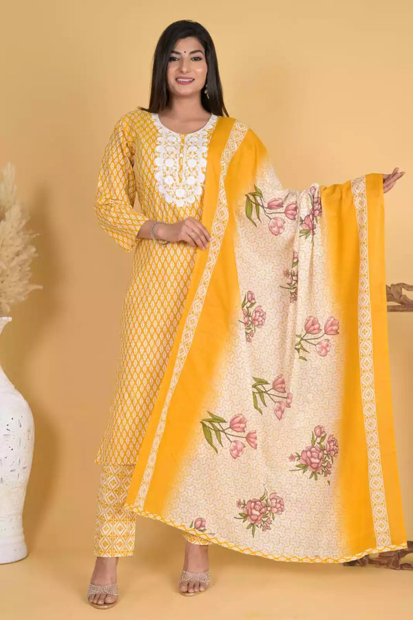 Readymade Block Print Cotton Suit With Cotton Dupatta