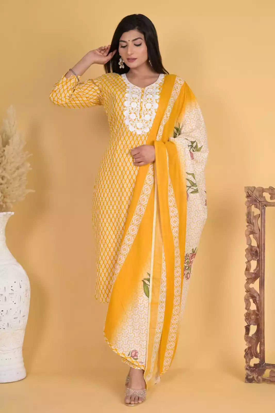 Readymade Block Print Cotton Suit With Cotton Dupatta