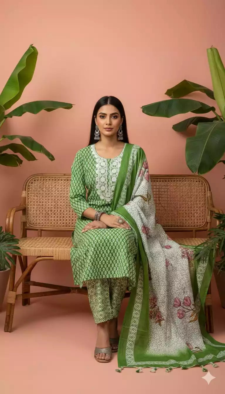 Readymade Block Print Cotton Suit With Cotton Dupatta