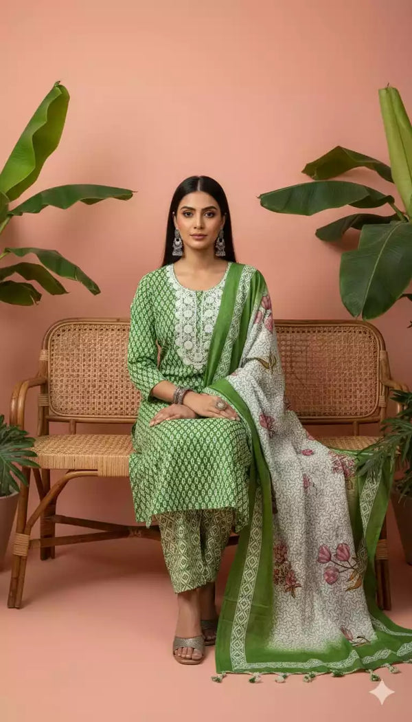 Readymade Block Print Cotton Suit With Cotton Dupatta