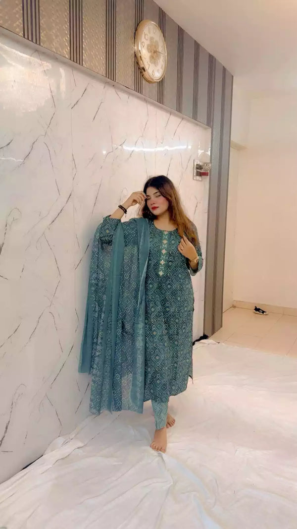 Readymade Block Print Cotton Suit With Cotton Dupatta