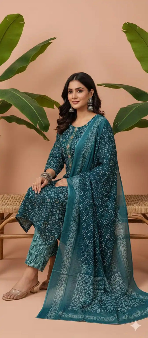 Readymade Block Print Cotton Suit With Cotton Dupatta