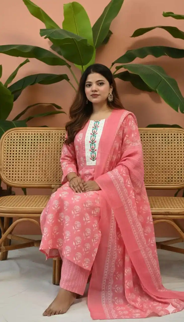 Readymade Block Print Cotton Suit With Cotton Dupatta