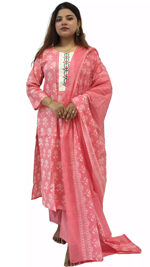 Readymade Block Print Cotton Suit With Cotton Dupatta