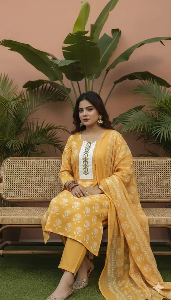 Readymade Block Print Cotton Suit With Cotton Dupatta
