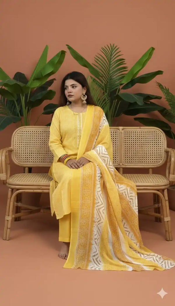 Readymade Block Print Cotton Suit With Cotton Dupatta